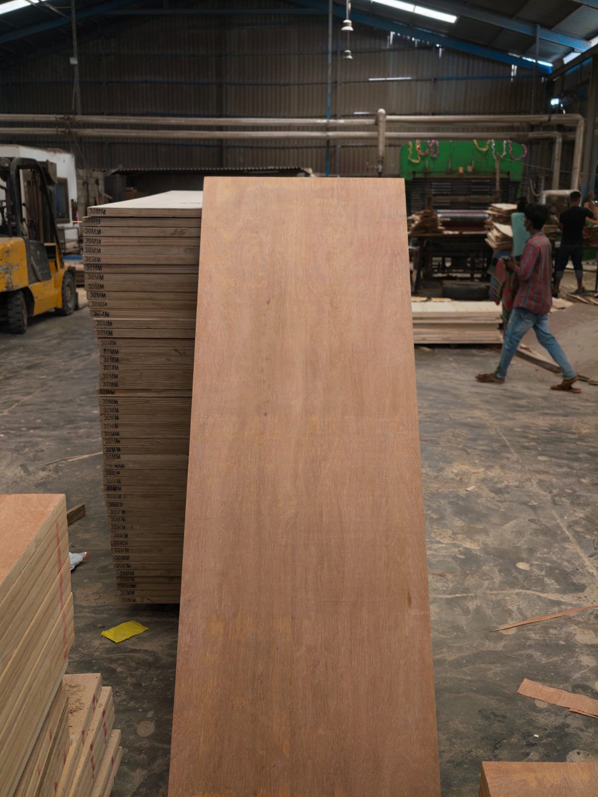 Veneer sheets leaving the hot press on the Saptarishi factory floor